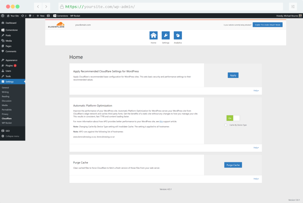 Cloudflare WordPress plugin settings